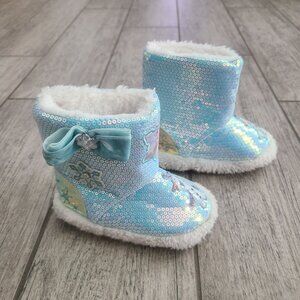 Toddler Girls Winter Boots Disney Frozen Sequin Blue Snowflake Size 5–6